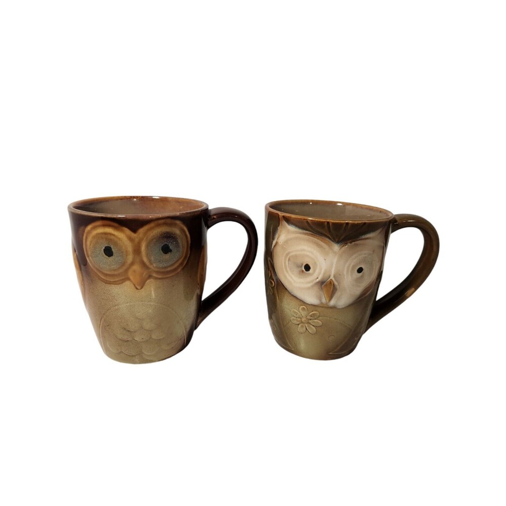Gibson Two Owl Mugs  Brown Olive Green